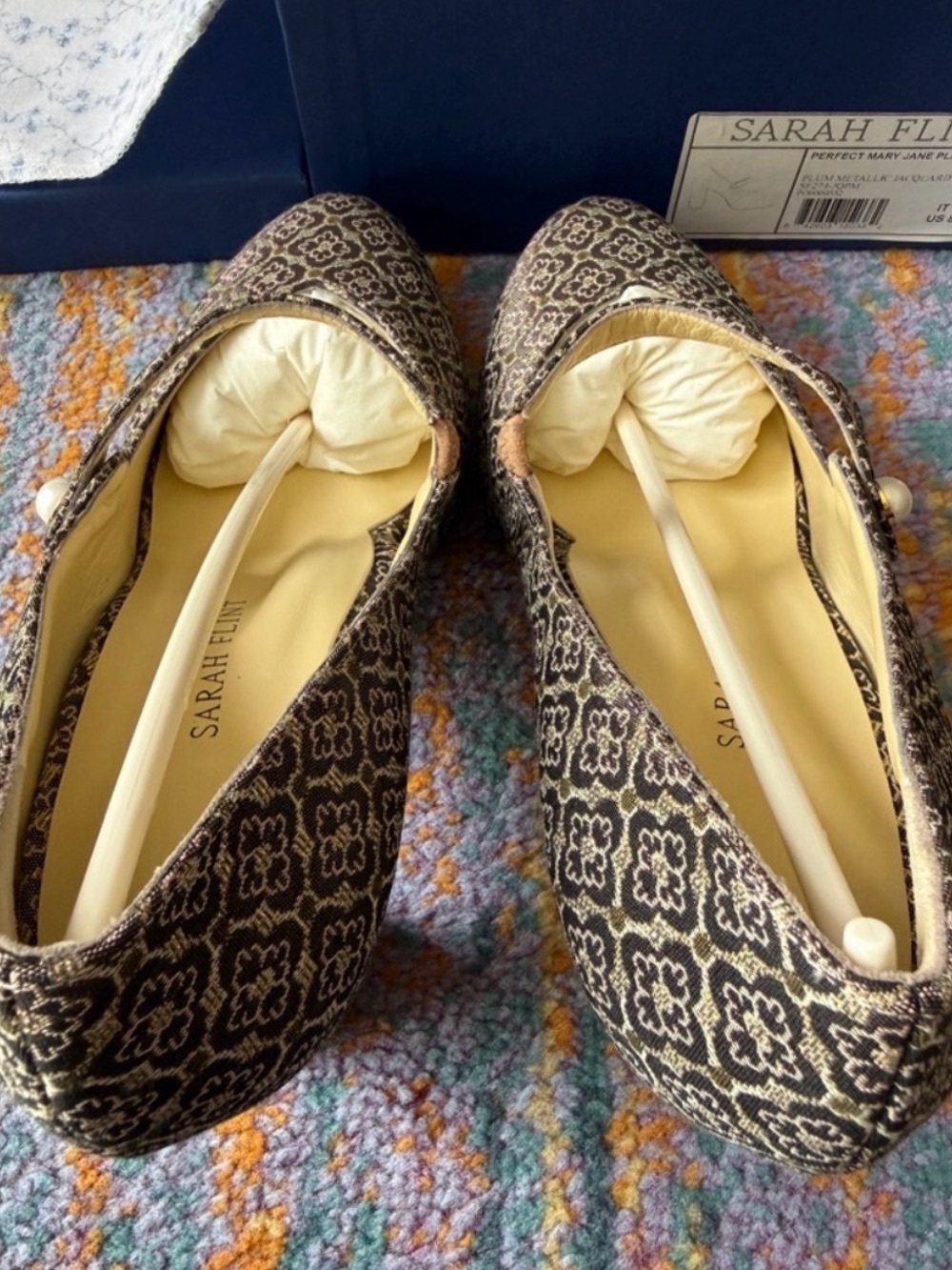 NIB Sarah Flint Plum & Gold Floral Jacquard Mary Jane Pumps - Size IT 39, US 8.5 - Picture 12 of 16